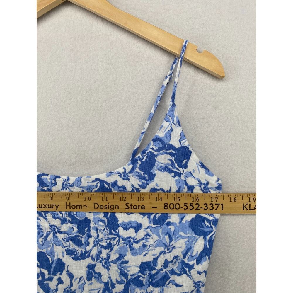QUINCE Dress M Linen Scoop Neck Midi Sleeveless Floral Smocked Back Blue NEW - Picture 12 of 16